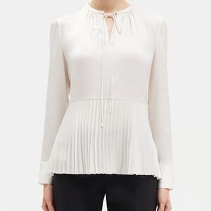 Theory Ivory Tie Neck Pleated Recycled Satin Blouse